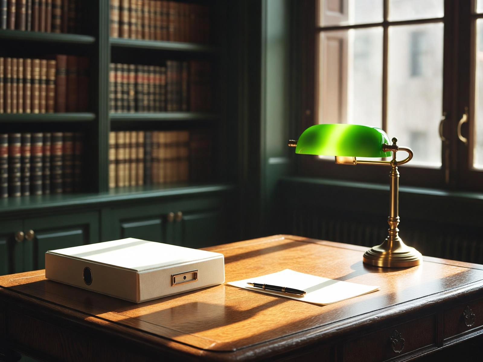 A quiet law office study with oak desk and morning light